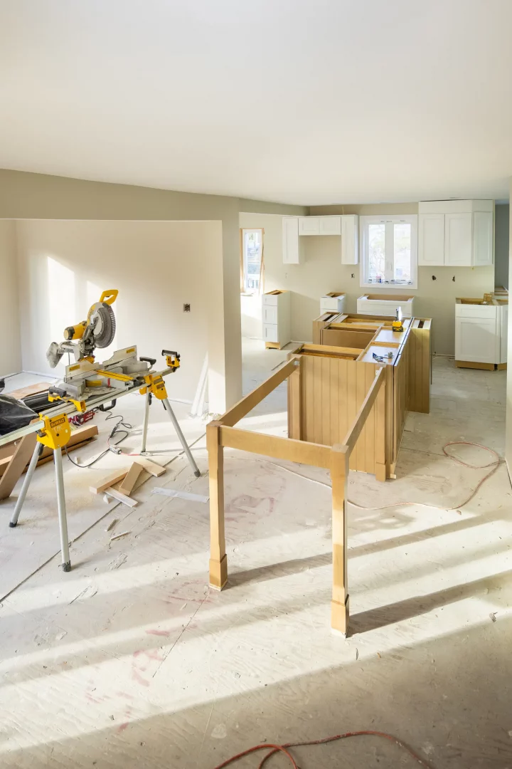 Kitchen remodeling Fairport NY – new cabinets and countertops under construction.